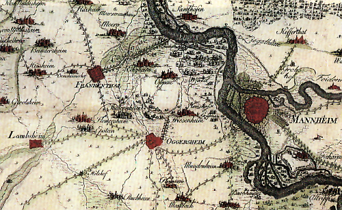 Die Charta Palatina des Mannheimer Hofastronoms Christian Mayer, entstanden 1776-1785, eine der ersten kartographischen Darstellungen des Frankenthaler Kanals